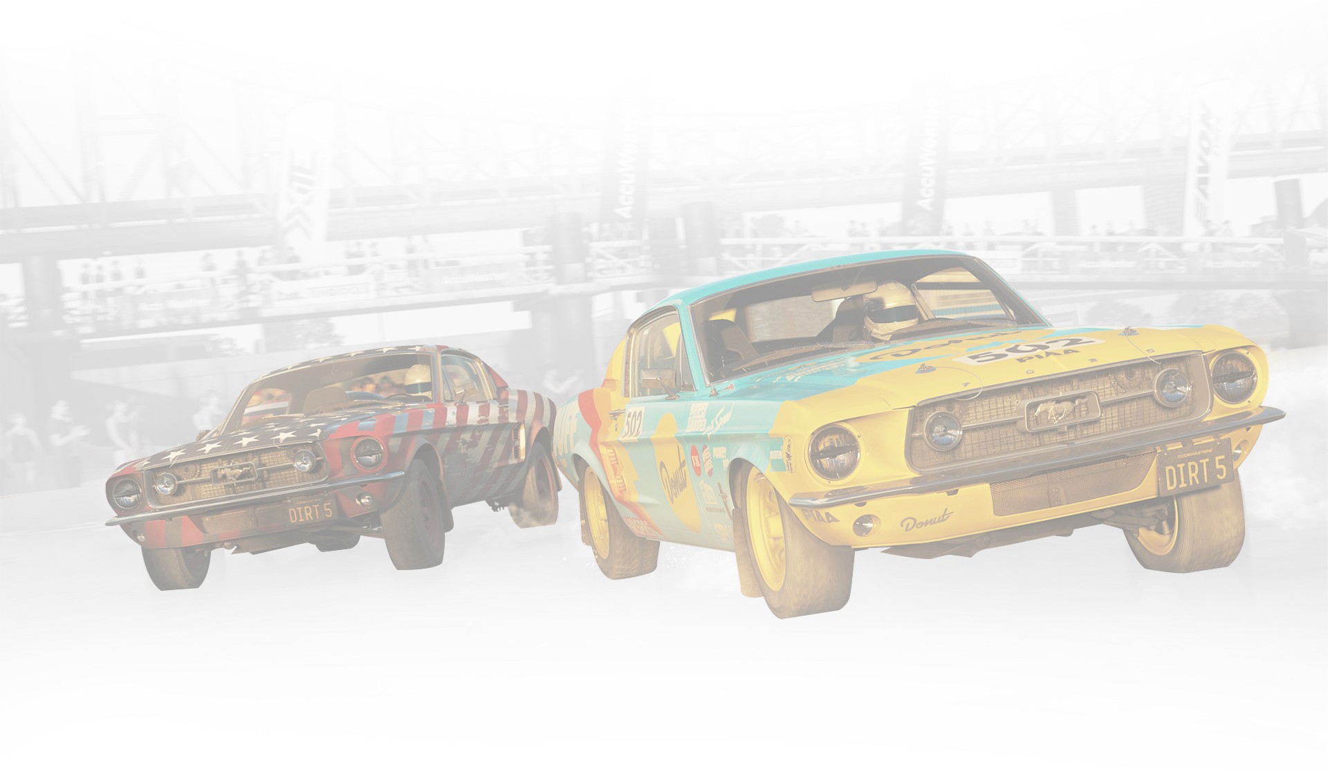 Dirt 5. Two Ford Mustangs race under an overpass.