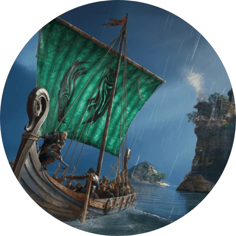 Assassin's Creed Valhalla. A Viking ship sails on the sea.