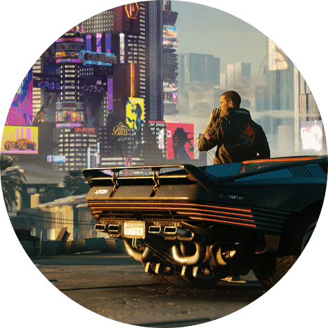 Cyberpunk 2077. V leans up against a car, taking in the views of Night City.