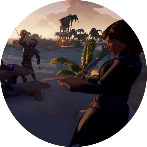 Sea of Thieves. Two pirates enjoy a rest on an island outpost.