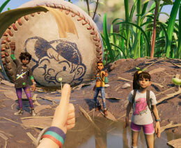 Grounded characters next to a baseball