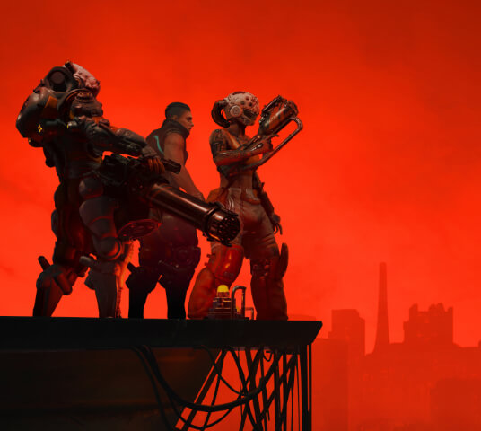 The Ascent. A group of three armed individuals stand at the edge of scaffolding, overlooking a vast city covered in red lights.