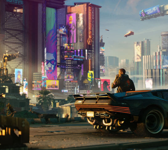 Cyberpunk 2077. V leans up against a car, taking in the views of Night City.