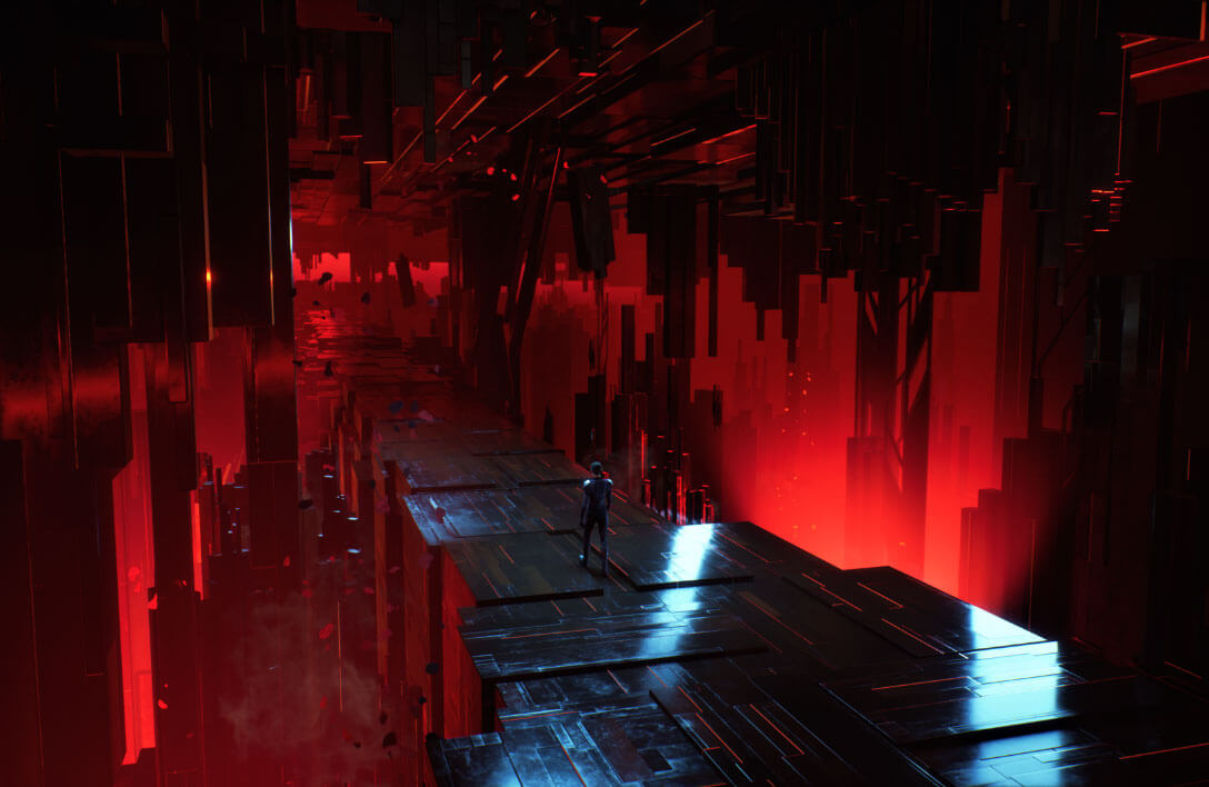 A lone figure walks down a bridge composed of metallic blocks lit by red lights.